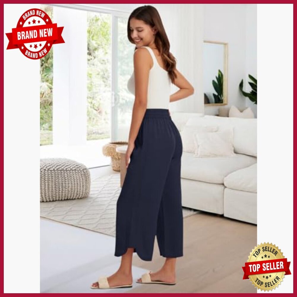 High Waist Wide Leg Cropped Pants Tencel Linen Blend Summer Casual - Picture 3 of 6